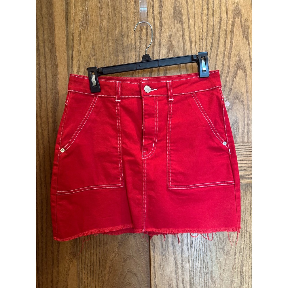 Wild Fable Red Denim Mini Skirt White Contrast Stitch Raw Hem Size 8